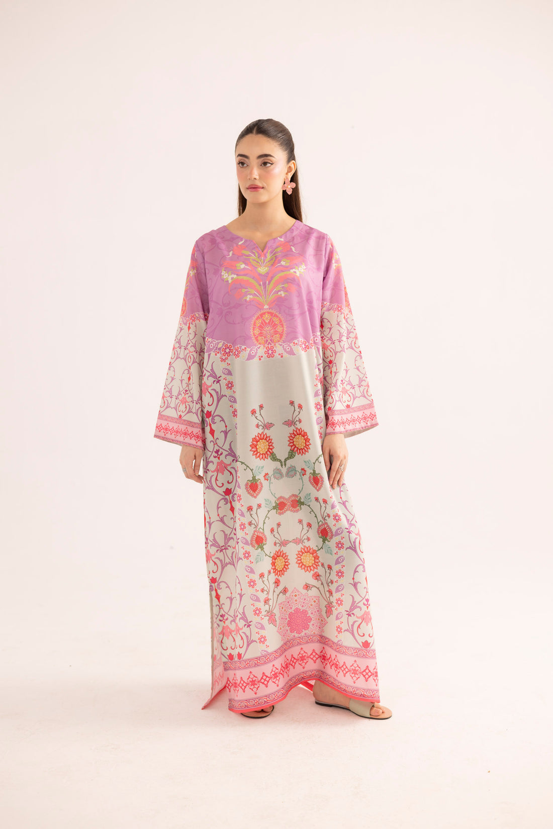 nazm pink floral printed muslin kaftan dress