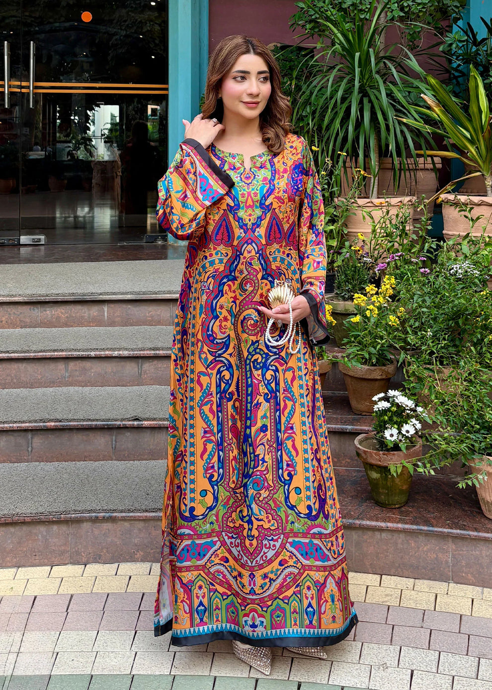 sahar statement print cotton kaftan dress