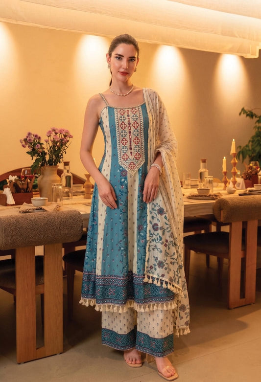 Powder Blue Thread Embellished Anarkali Set