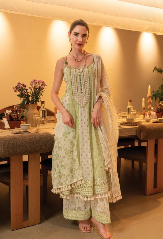 Pistachio Bloom Cotton Anarkali Set