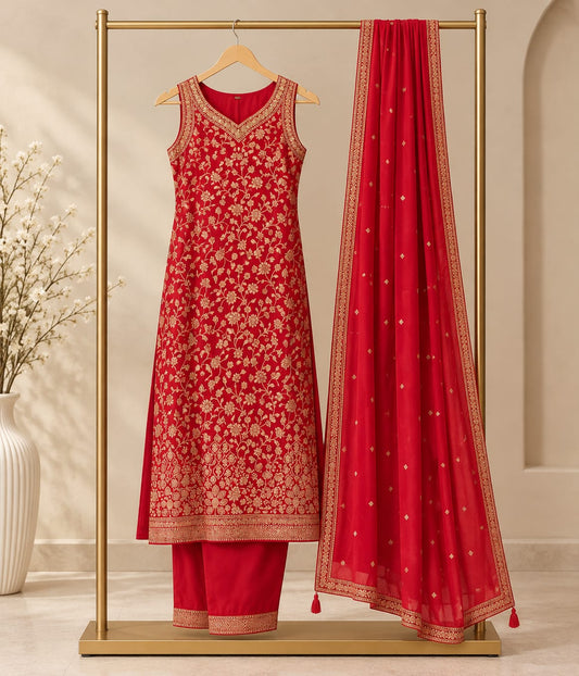 Red Brocade 3 Piece Kurta Set