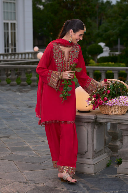 Red Farshi Salwar Suit Set with Hand Embroidery
