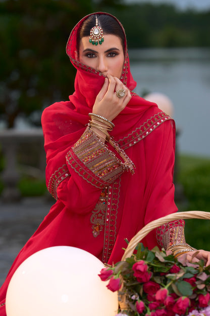 Red Farshi Salwar Suit Set with Hand Embroidery