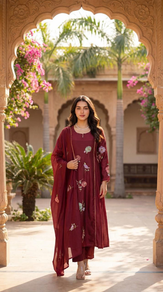 Maroon Floral Printed Kurta Suit