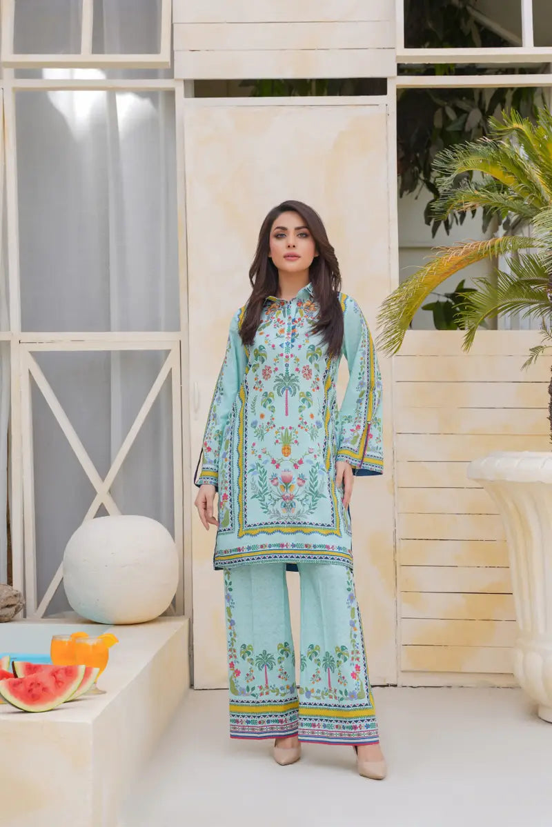 Mint Mirage light aqua tropical printed muslin co-ord set